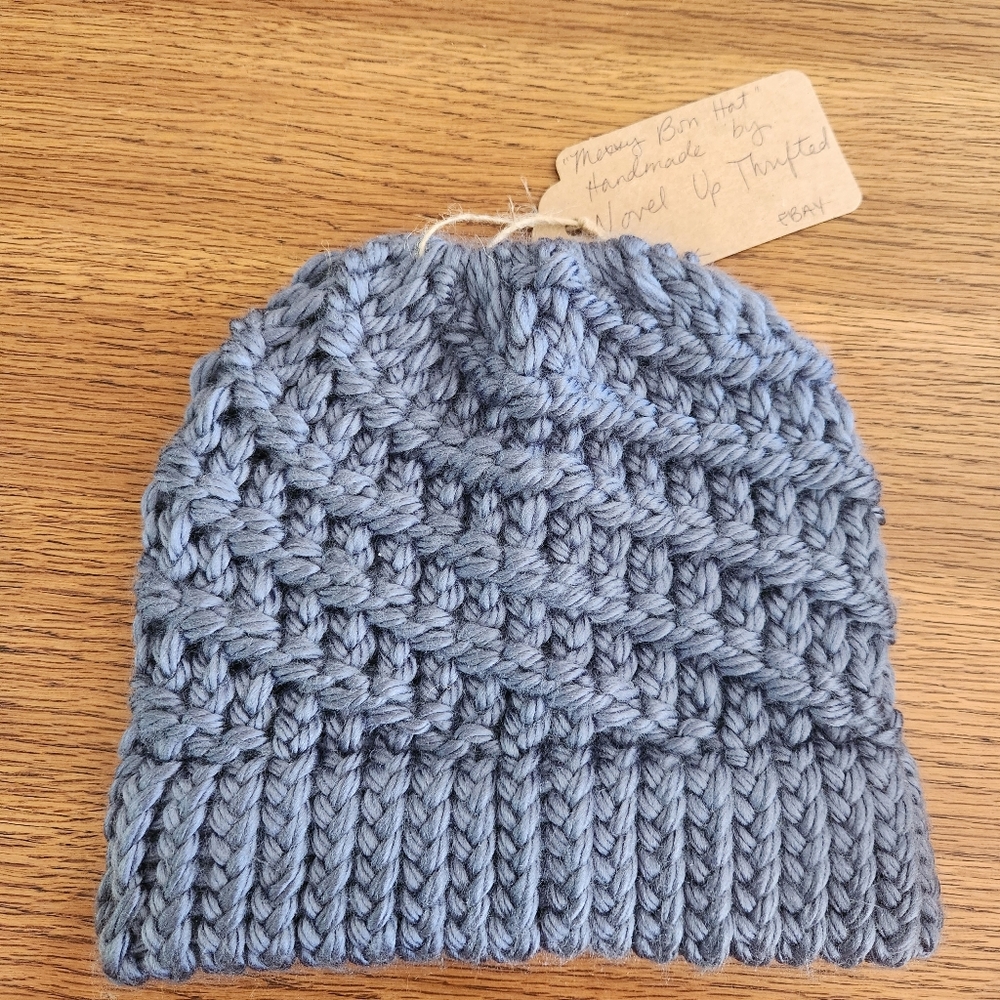 Hand Made Women's Spiral Knit Messy Bun Pony Tail Beanie in Denim Blue